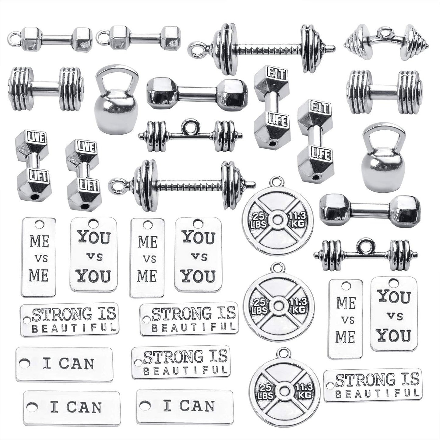 32pcs Sport Charms Barbell Dumbbell Kettle Bell Weightlifting Charms Pendants for Necklace Bracelets Jewellery Making Crafting,14 Styles
