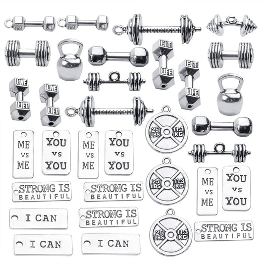 32pcs Sport Charms Barbell Dumbbell Kettle Bell Weightlifting Charms Pendants for Necklace Bracelets Jewellery Making Crafting,14 Styles
