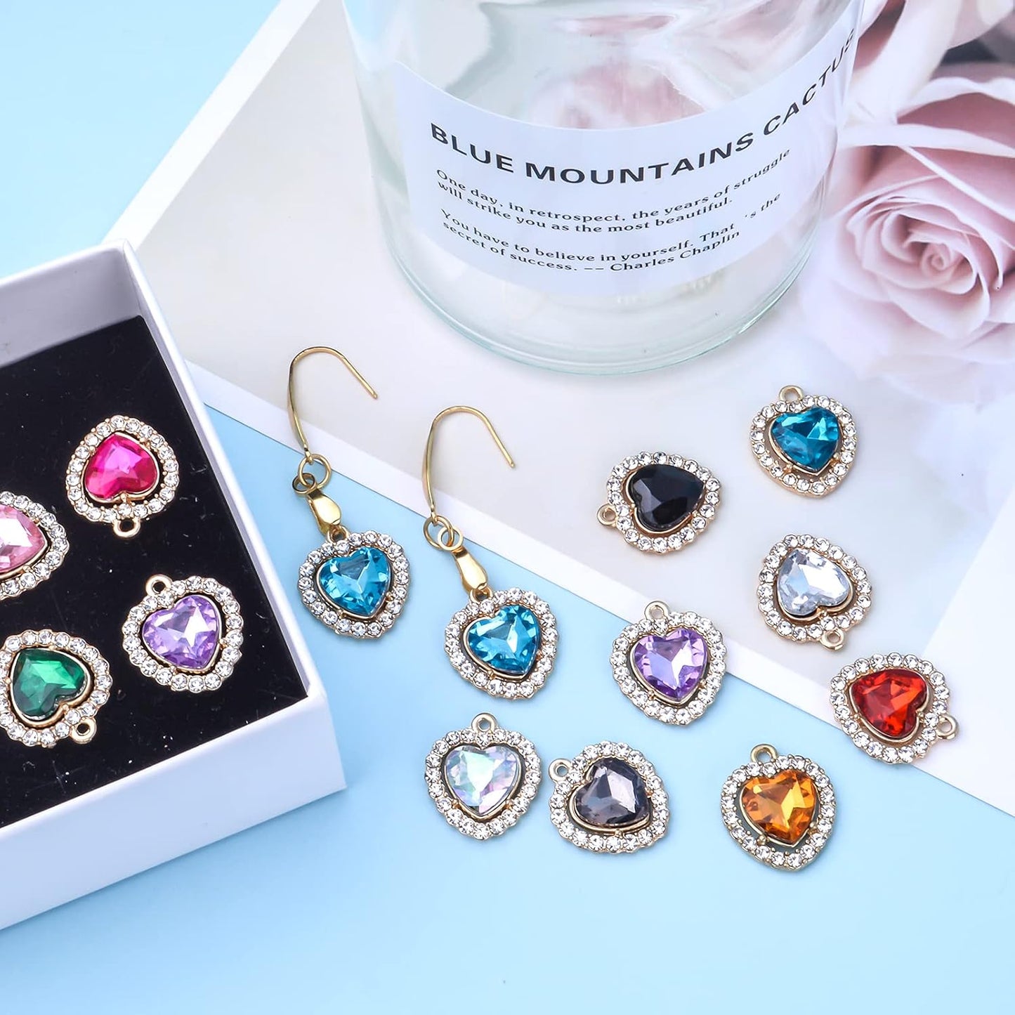 24pcs 12 Colors Rhinestone Heart Charms Cubic Zirconia Alloy Crystal Beads Pendants Charms for DIY Earrings Necklace Bracelet Crafts Jewelry Making Tiny Dangle Accessories
