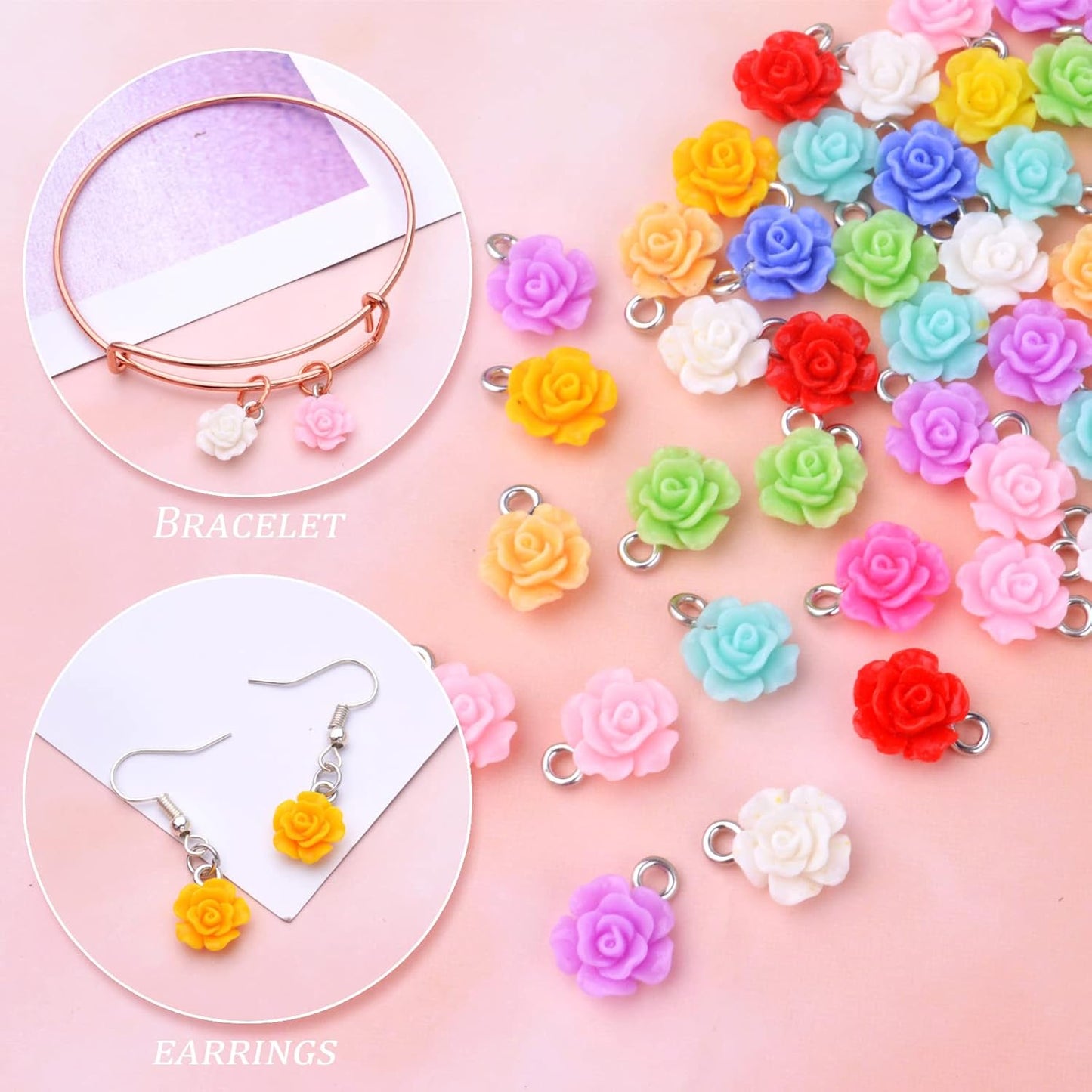 50pcs 10 mm Mixed Colors Resin Rose Flower Pendant Charms Lovely Flower Bead Charms Jewelry Making Accessories for DIY Craft Earrings Necklace Bracelet Birthday Party Favor Gifts