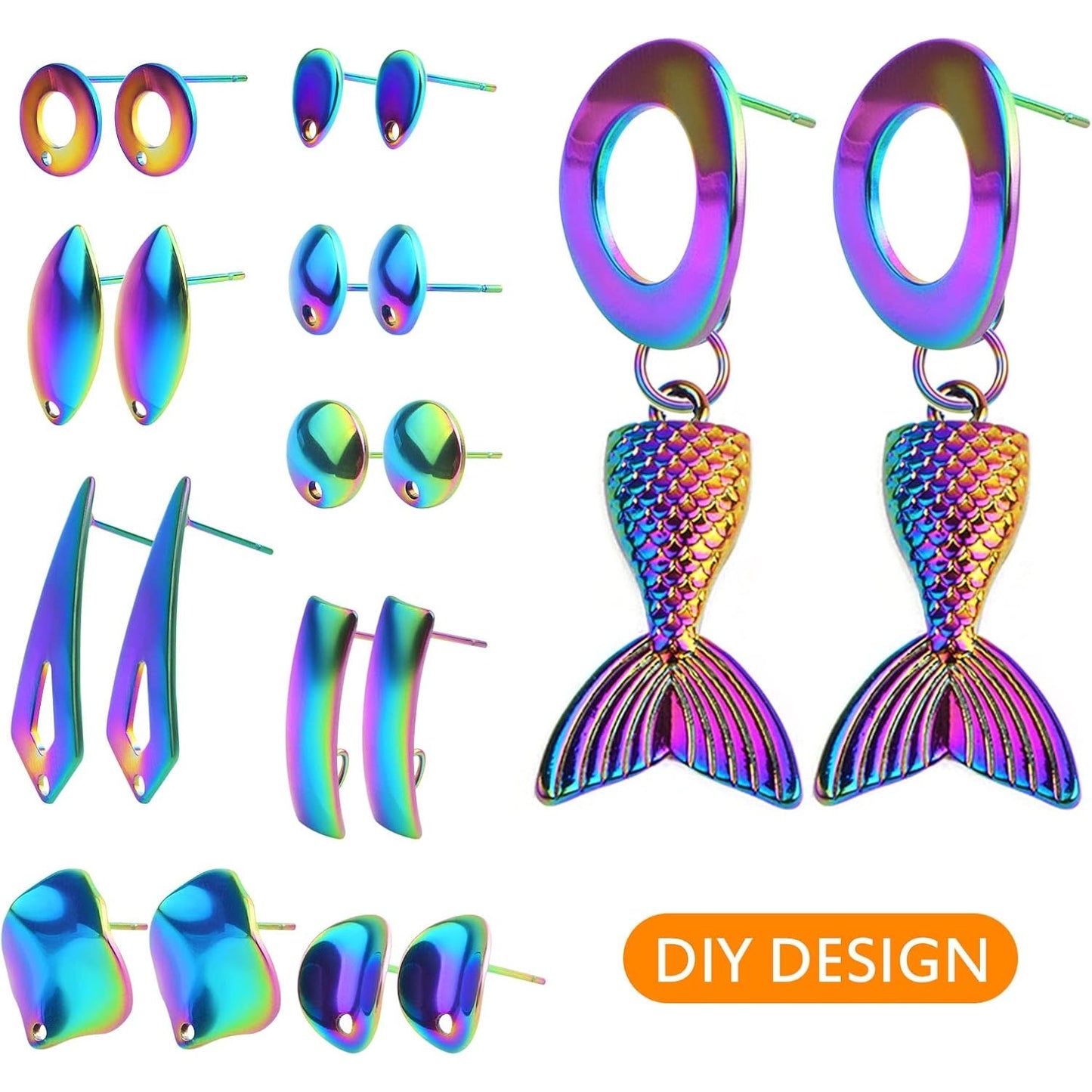 20pcs Stainless Steel Irregular Shapes Stud Earrings Mixed Round Oval Rhombus Heart Earring Posts with Hole and 20pcs Clear Earring Backs for DIY Jewelry Making Supplies, Rainbow Color