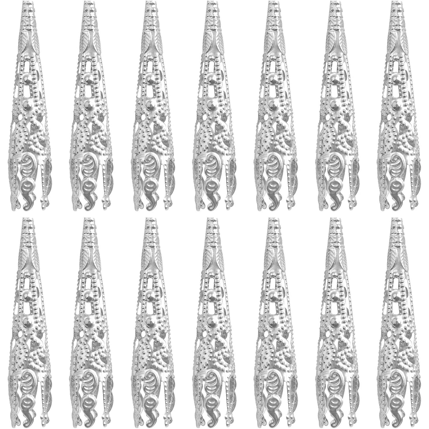 100pcs Silver Long Flower Bead Caps Hollow Cone Bead End Caps Filigree Flower Spacers Hair Braid Beads Accessories for DIY Neckalce Earrings Hairpins Craft Projects