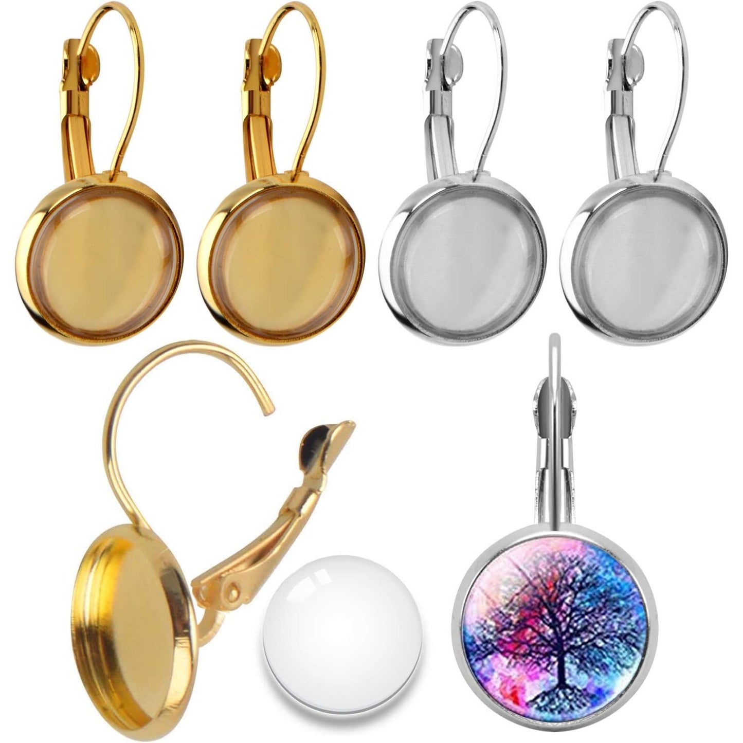 Leverback Earring Blanks, 20pcs Brass French Lever Back Earrings with 12mm Flat Round Cabochon Setting Tray and 20pcs Clear Glass Cabochons for DIY Earring Making