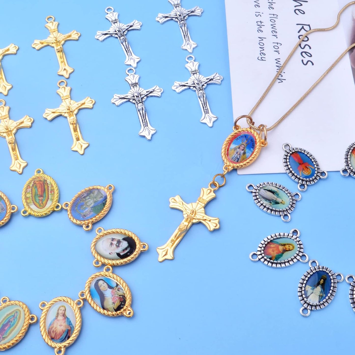 20pcs Rosary Cross Center Charms Pendants and 20pcs Mixed Picture Miraculous Jesus Maria Our Lady Crucifix Catholic Virgin Oval Chandelier Links for DIY Rosary Necklace Bracelet Jewelry Making