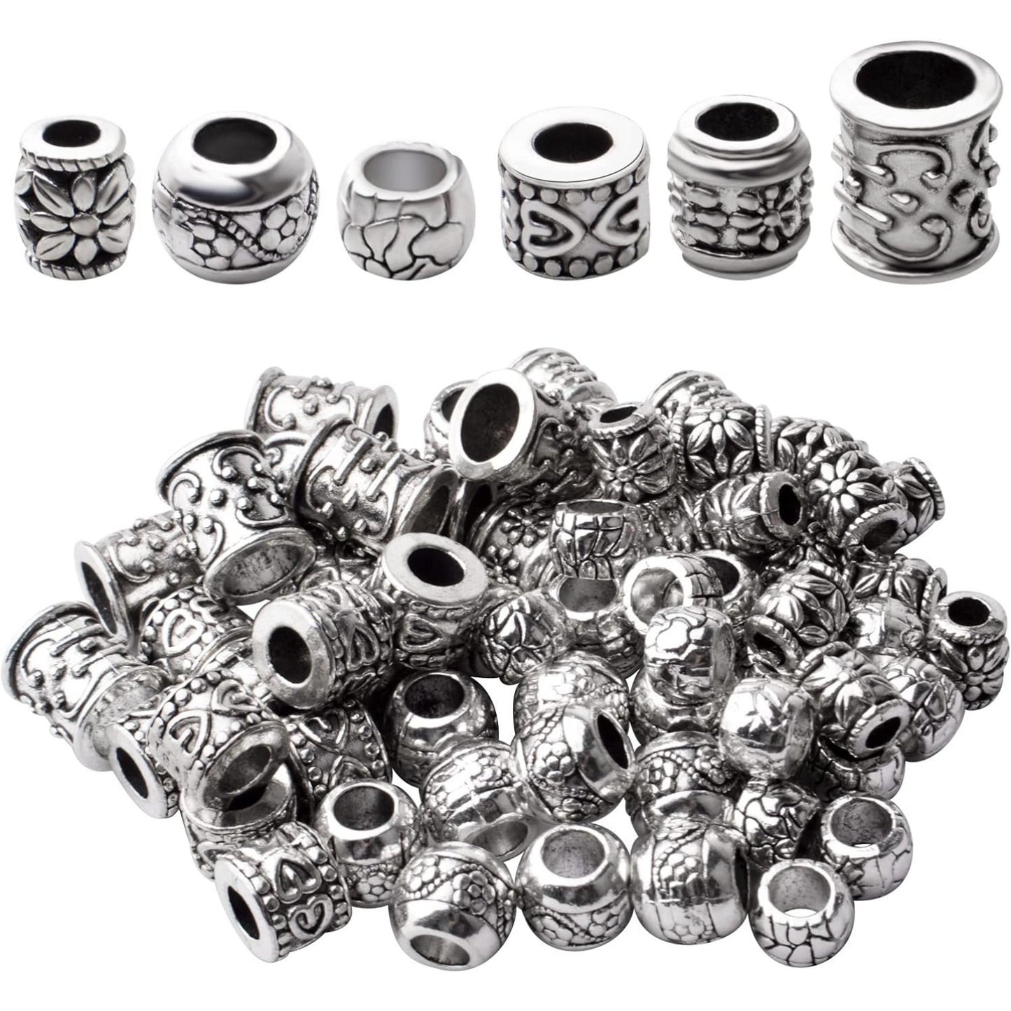 Large Hole Spacer Beads,100g Antique Silver Mixed Styles Tube Bead Spacers Tibetan Alloy Column Barrel Round Spacers Loose Beads for DIY Jewelry Bracelet Crafts Making Supplies