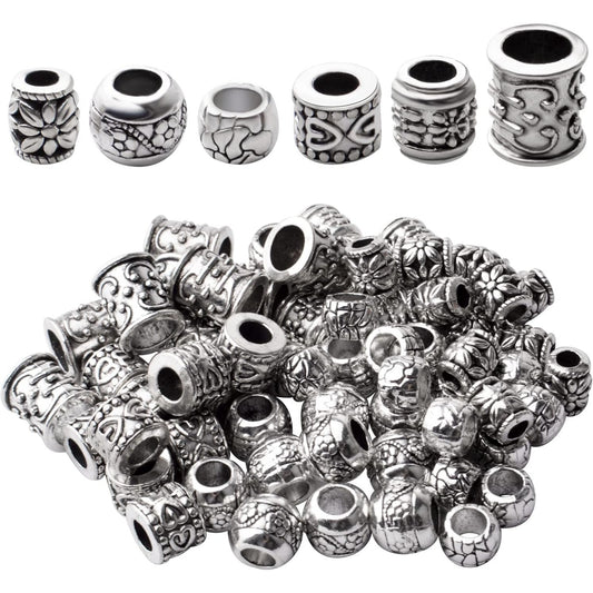 Large Hole Spacer Beads,100g Antique Silver Mixed Styles Tube Bead Spacers Tibetan Alloy Column Barrel Round Spacers Loose Beads for DIY Jewelry Bracelet Crafts Making Supplies