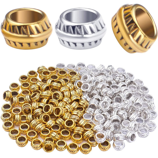 Large Hole Spacer Beads, 200pcs 7mm Round Beads European Alloy Spacer Bead Charms Craft Supplies for Bracelet Necklace Jewelry Making, Antique Gold, Antique Silver