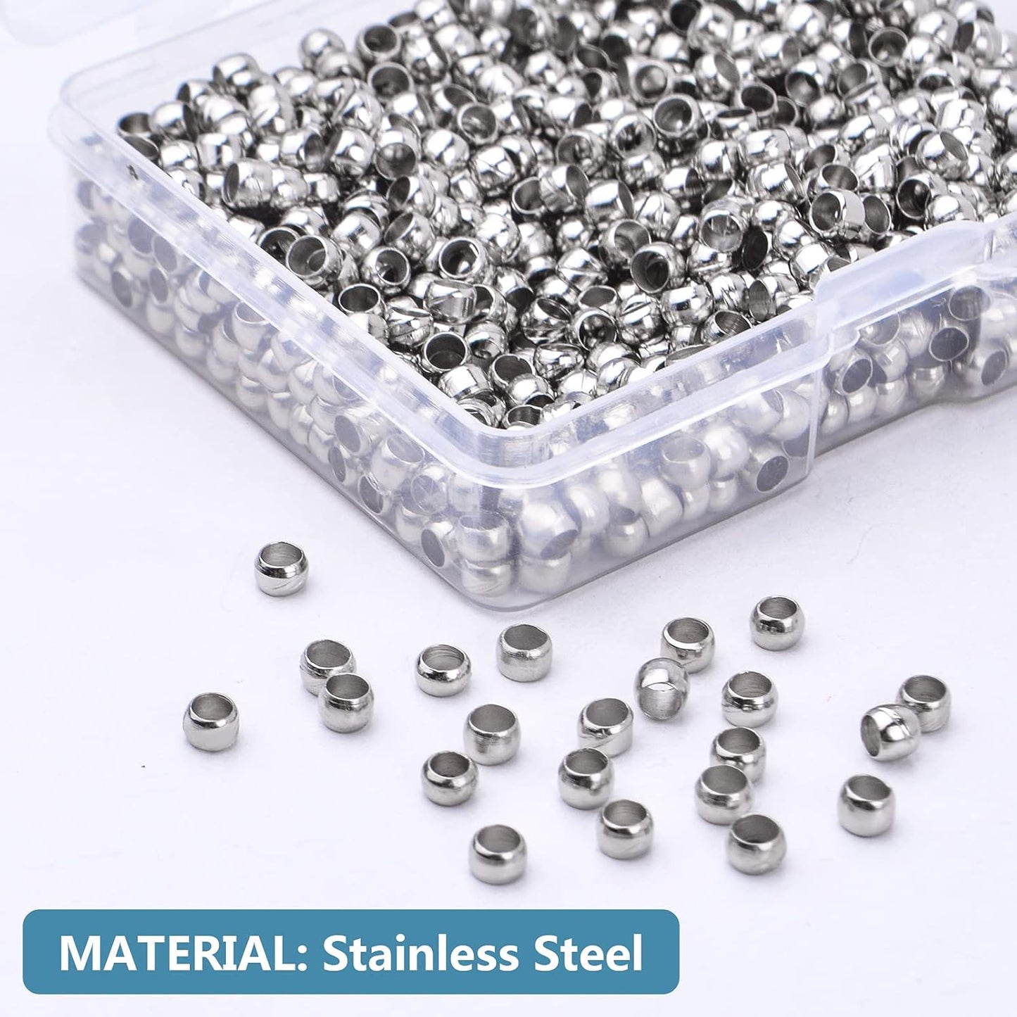 3mm Crimp Beads, 1000pcs Stainless Steel Round Bead Loose Spacer Stoppers Beads Covers with 1pcs Plastic Box for Jewelry Making Bracelets Necklace