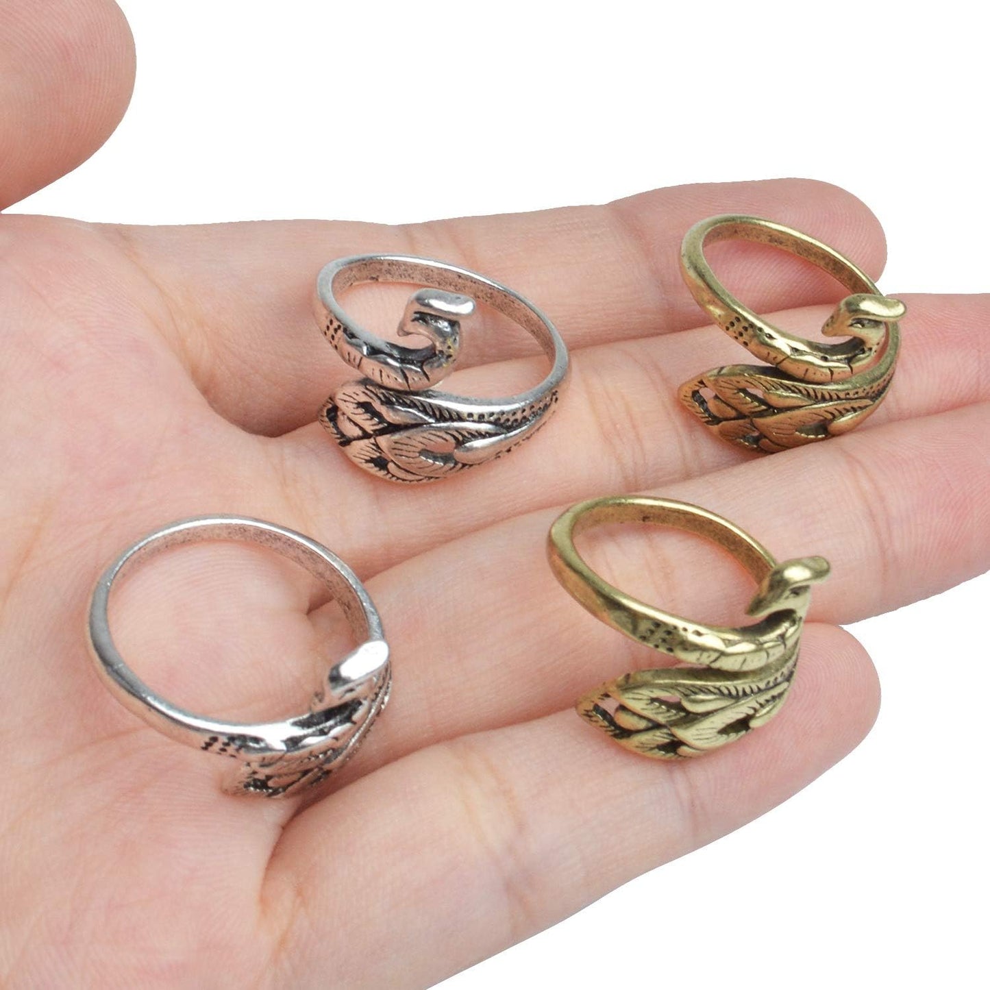 4pcs 16x18mm Adjustable Knitting Loop Crochet Loop Ring Peacock Yarn Guide Finger Holder Knitting Thimble Ring for Crochet Knitting Crafts,Antique Silver and Antique Golden