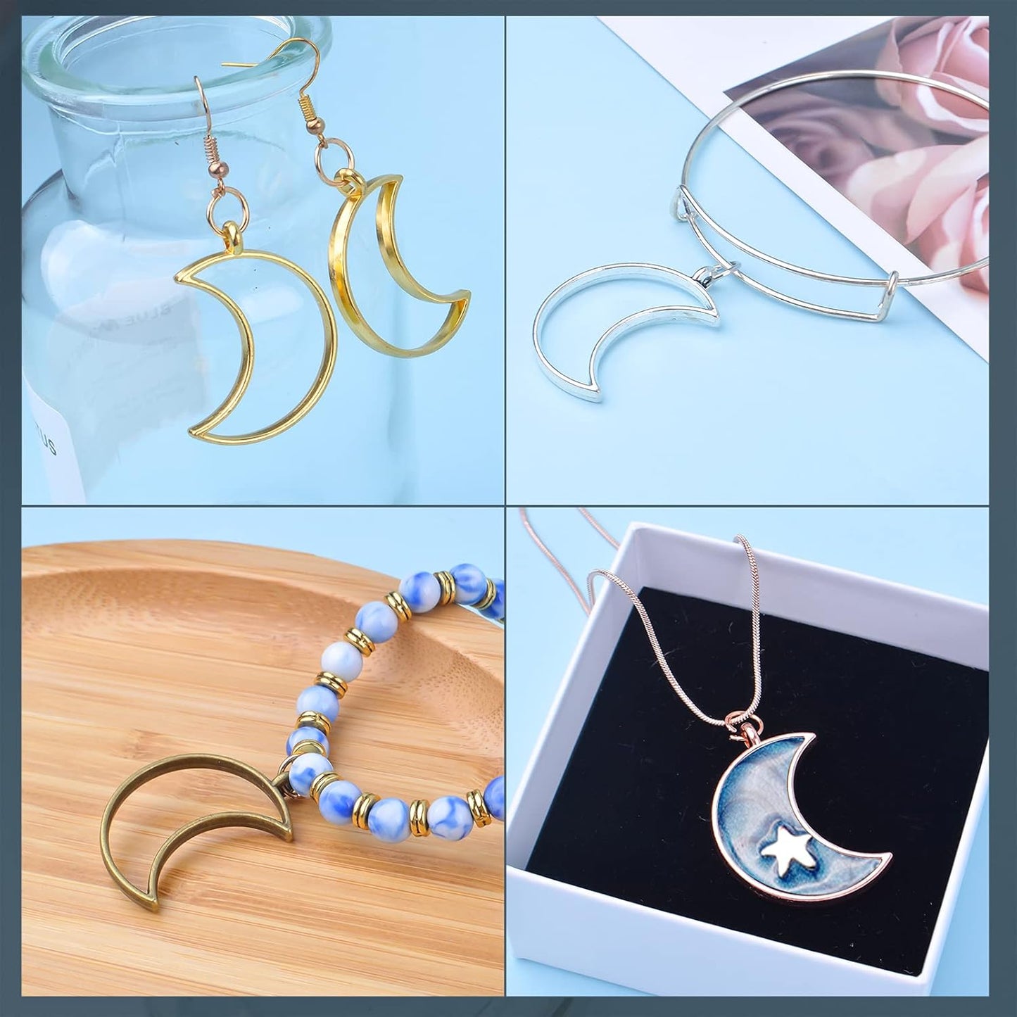 20pcs 4 Colors Moon Open Bezel Pendants Charms Crescent Charms Resin Molds Open Back Pendant Blanks Hollow Frame Pendants for Resin Jewelry DIY Crafts Making