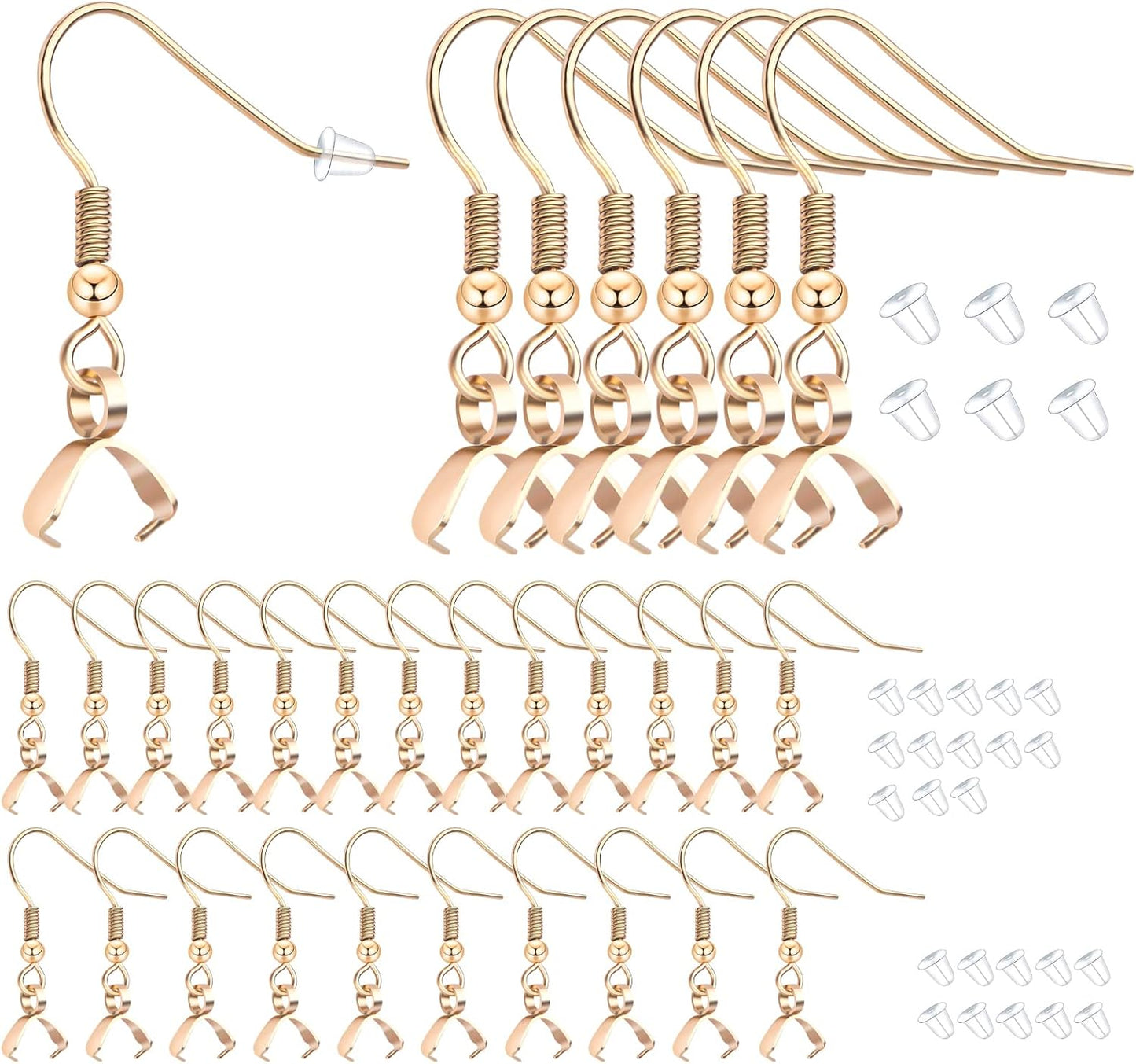 30pcs Stainless Steel Earring Hooks Ear Wire Buckle French Fish Hook Earrings with Pendant Clasp and 30pcs Silicone Bullet Earring Backs for DIY Craft Jewelry Making, Golden