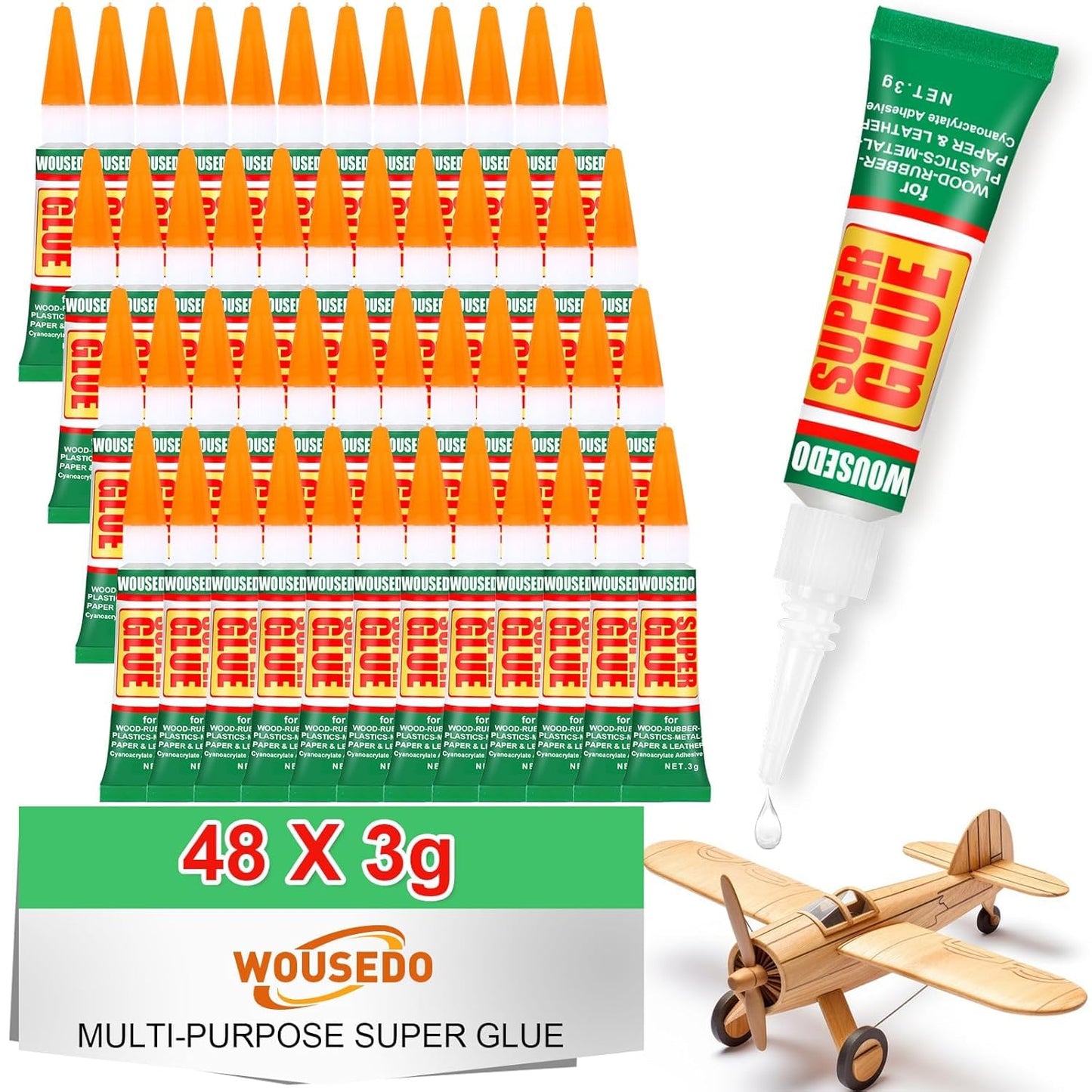 HENDEVL 48 X 3g Super Glue Clear, Strong Adhesive,Super Glue Fast Drying Cyanoacrylate Glue for Wood,Rubber,Leather, Plastic, Metal, Rhinestone Jewelry, DIY Crafts and More