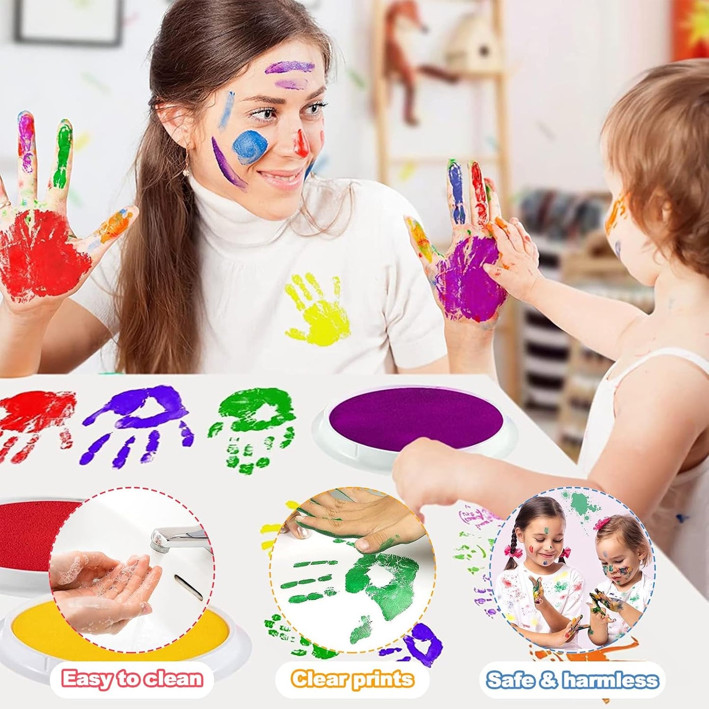 HENDEVL  7" Large Ink Pads for Kids - Handprint Footprint Size Rainbow Stamps Pad, Safe & Washable Ink Pad for Fingerprint Painting Card Making Stamp Crafting Paper Wood Fabric Scrapbook Kids Birthday Gifts