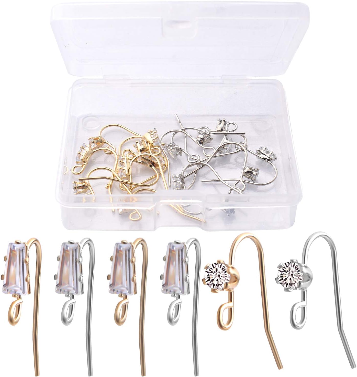 16pcs French Earring Hooks Ear Wire Hooks Hypo-allergenic Earring with Rhinestone Jewelry Earring Hook and A Box for Jewelry Making and DIY Earring Making