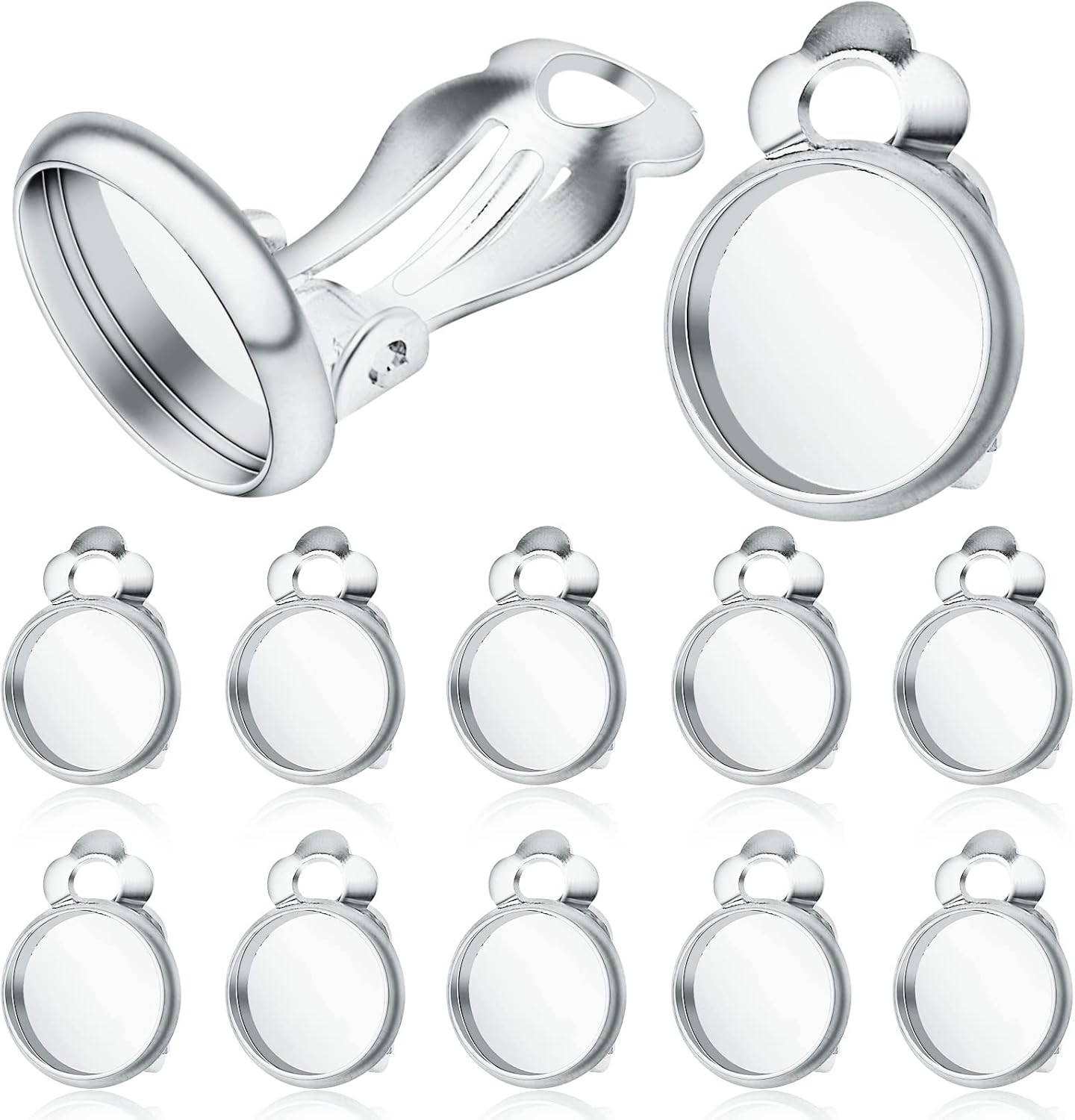Clip-on Earring Converters, 20pcs (10 Pair) Flat Round Earring Trays 12mm Earring Cabochon Setting Converter for Non Pierced Ears Earring Making - Silver