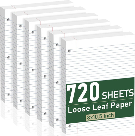 HENDEVL 6 Pack Loose Leaf Paper, 120 Sheets Notebook Lined Pads, 8 x 10.5 College Ruled Filler Paper, 3-Hole Punched, White Loose Leaf Notebook Paper for 3 Ring Binders, for Home & Office, School Supplies