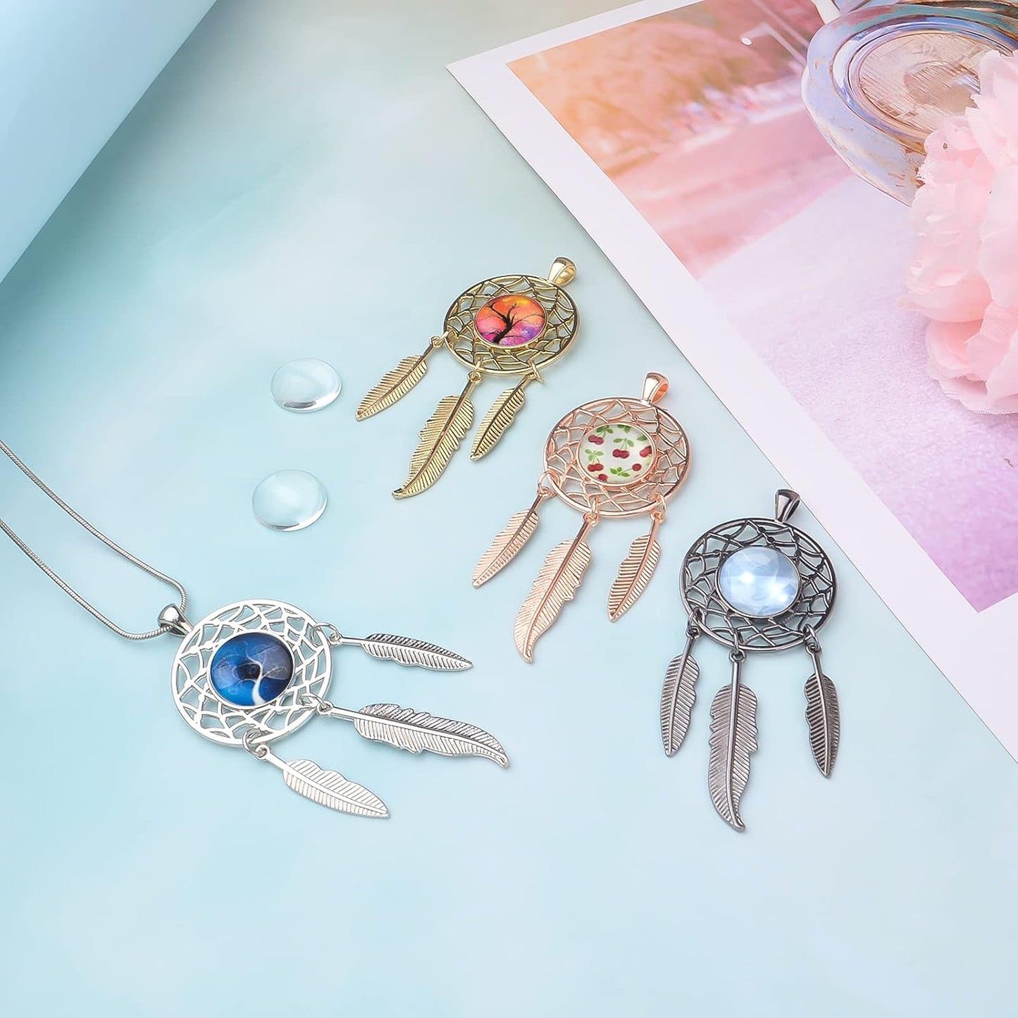 8 Sets Dream Catcher Pendant Trays Dangling Dreamcatcher Charms Feather Filigree Pendants Ornament with Clear Dome Glass Cabochons for DIY Jewelry Making, 4 Colors