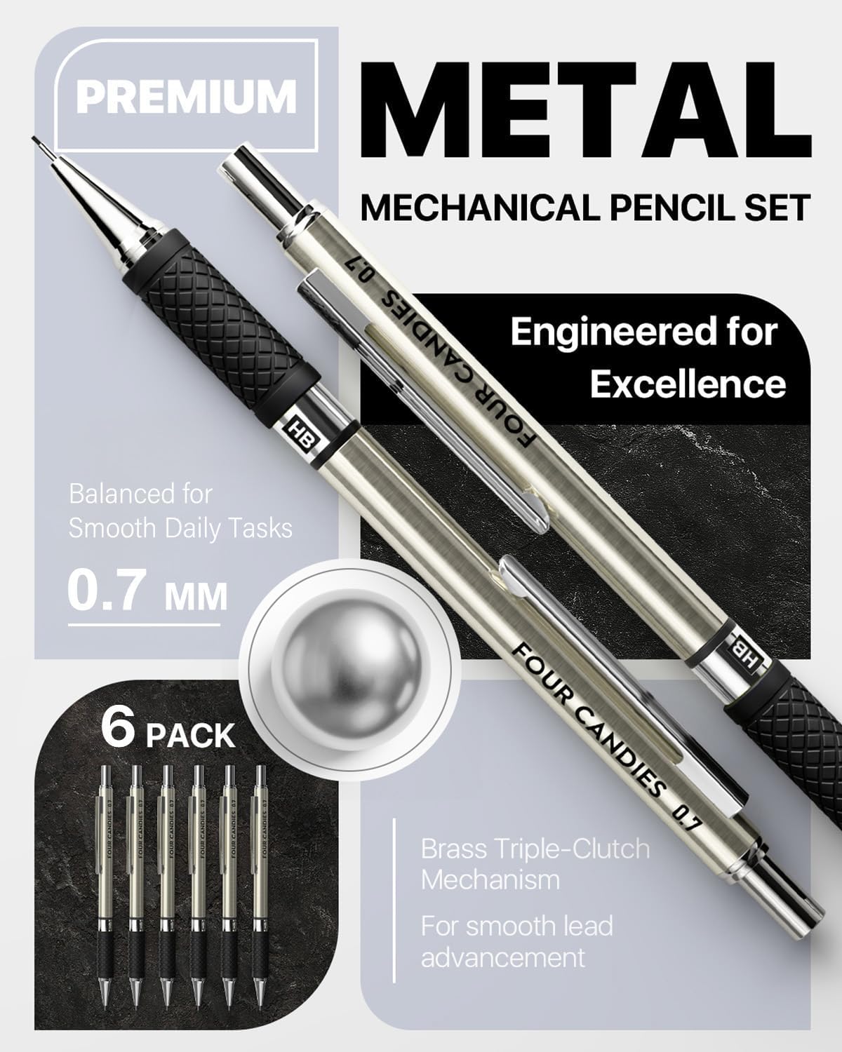 HENDEVL  6PCS Metal Mechanical Pencil Set with 0.7mm Medium Point, 360 Leads, 12 Erasers, Art Mechanical Pencils Pack with Storage Case for School Writing, Sketching, Drawing & Professional Drafting