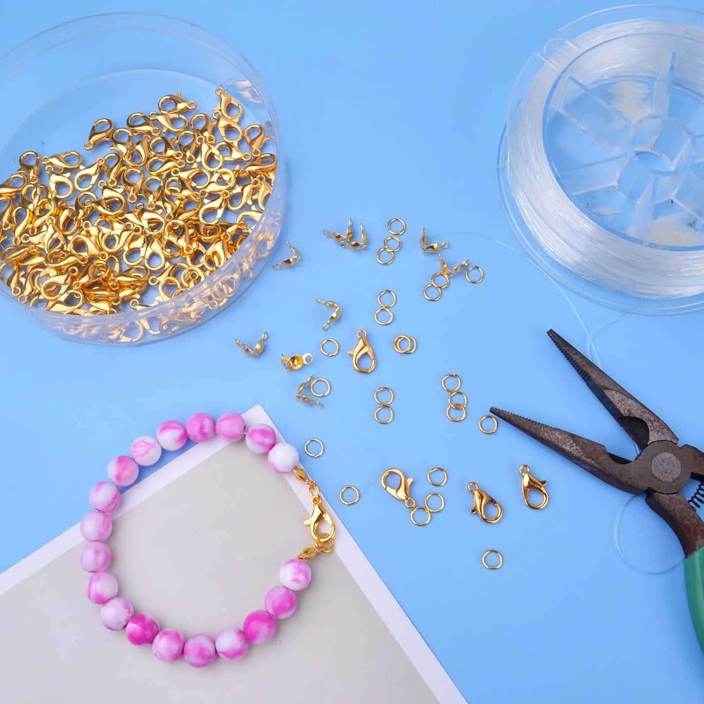 500pcs Jewelry Making Accessories Kit, 200pcs Knot Covers Clamshell Fold-Over Bead Tips 100pcs Lobster Claw Clasps and 200pcs Open Jump Rings Connectors for Jewelry Making Supplies, Gold
