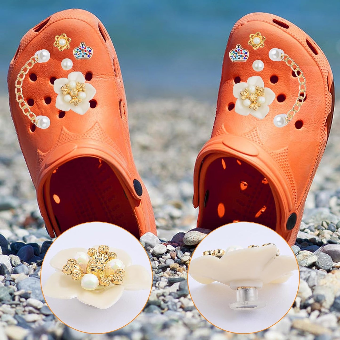 1 Pack of Mixed Bling Shoe Charms Pearl Chain Buckle Flower Butterfly Ornaments and 1 Pair of Pearls Shoe Chains, Clog Slippers Shoes Decorations for Women Party Birthday Gifts