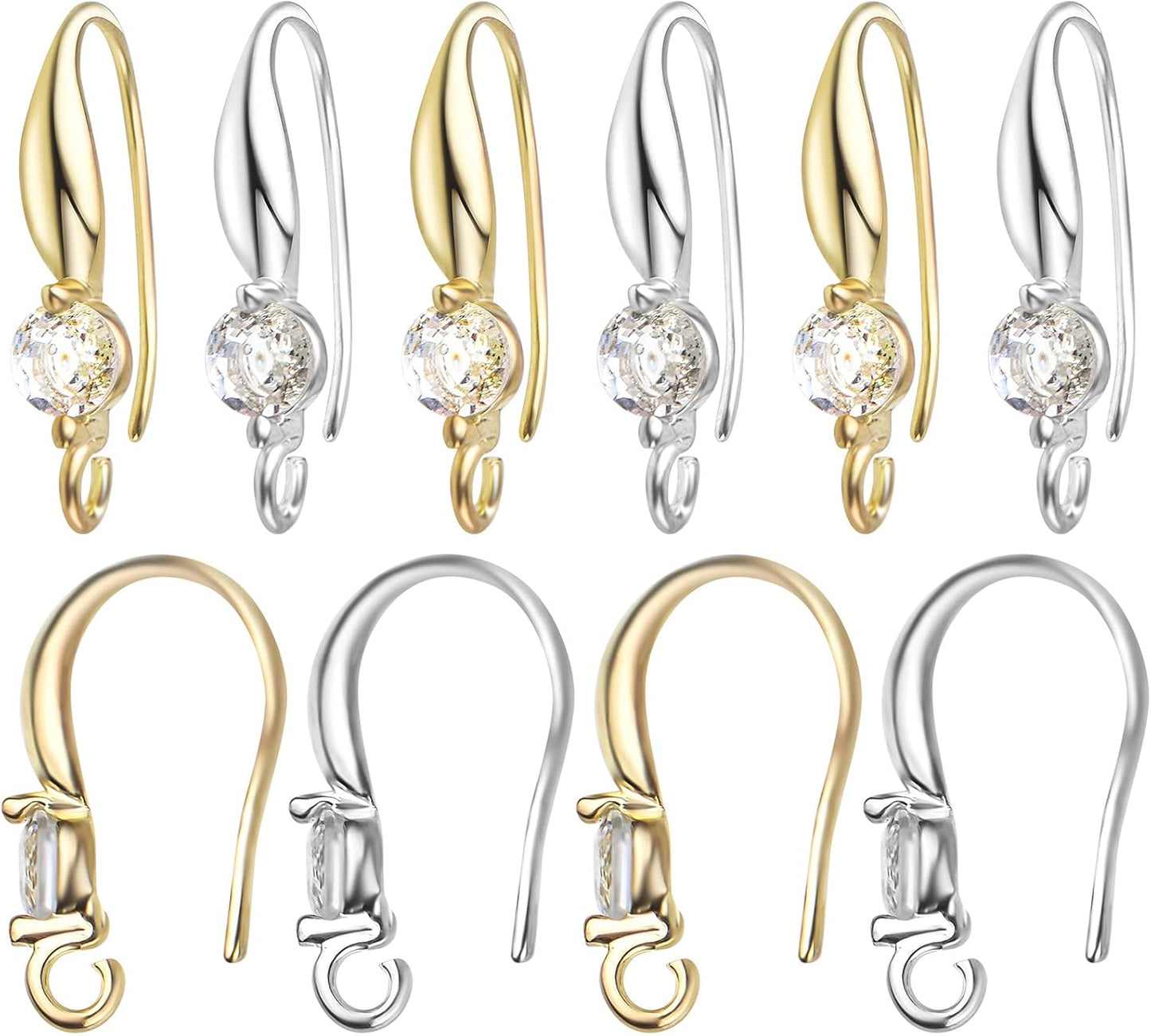 12pcs Silver Plated Rhinestone Earring Hooks Brass Ear Wire Fish Hooks with Open Loop Round Rhinestone Earring Components for Women DIY Earrings Jewelry Making