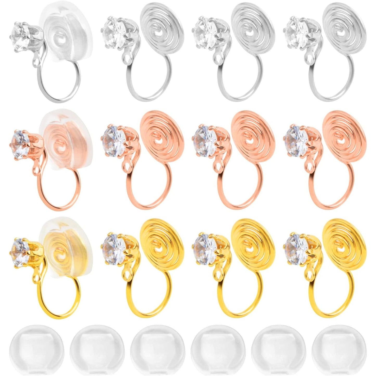 12pcs Brass Clip-on Earring Converters Mosquito Incense Shape Earring Clips with Cubic Zirconia and 12pcs Painless Earring Pads for Non-Pierced Ears DIY Jewelry Making, 3 Colors