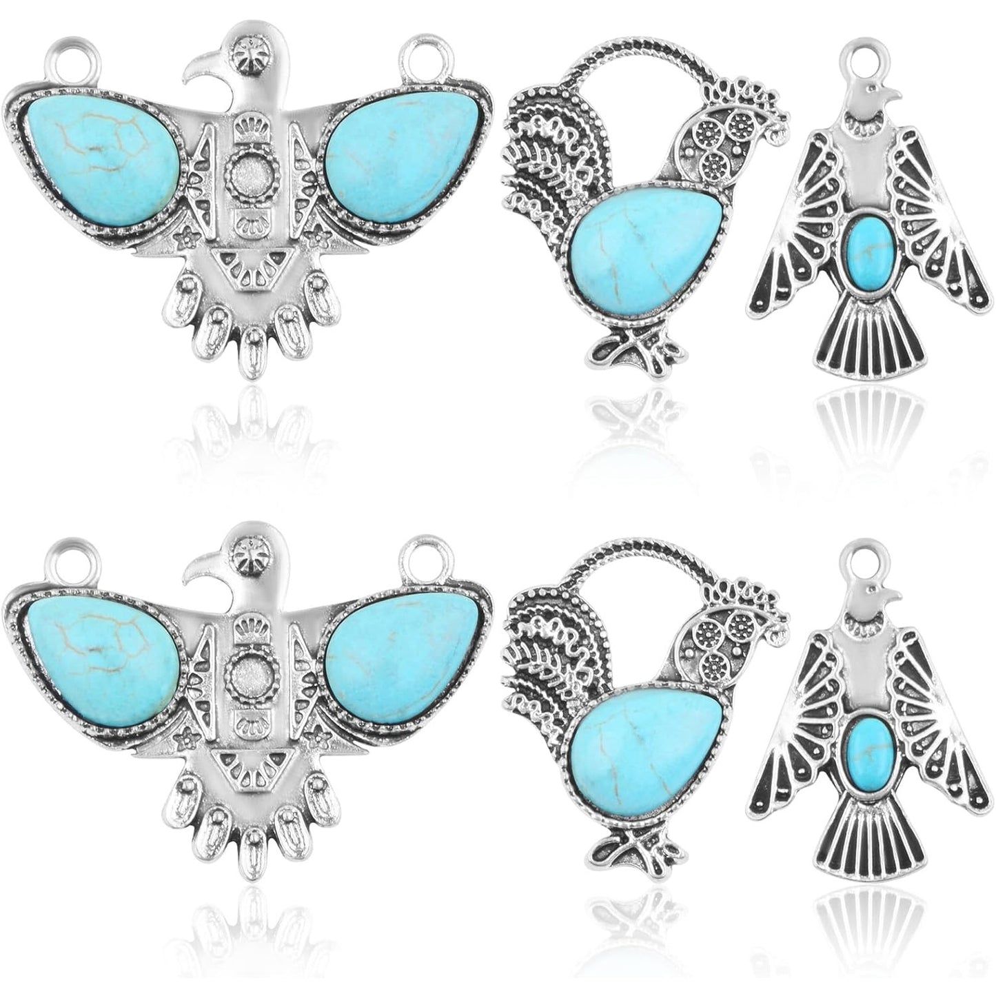 6pcs Tibetan Animal Eagle Chicken Synthetic Turquoise Charms Vintage Alloy Rooster Chicken Dangle Pendants for DIY Necklace Bracelet Earrings Jewelry Making, 3 Styles