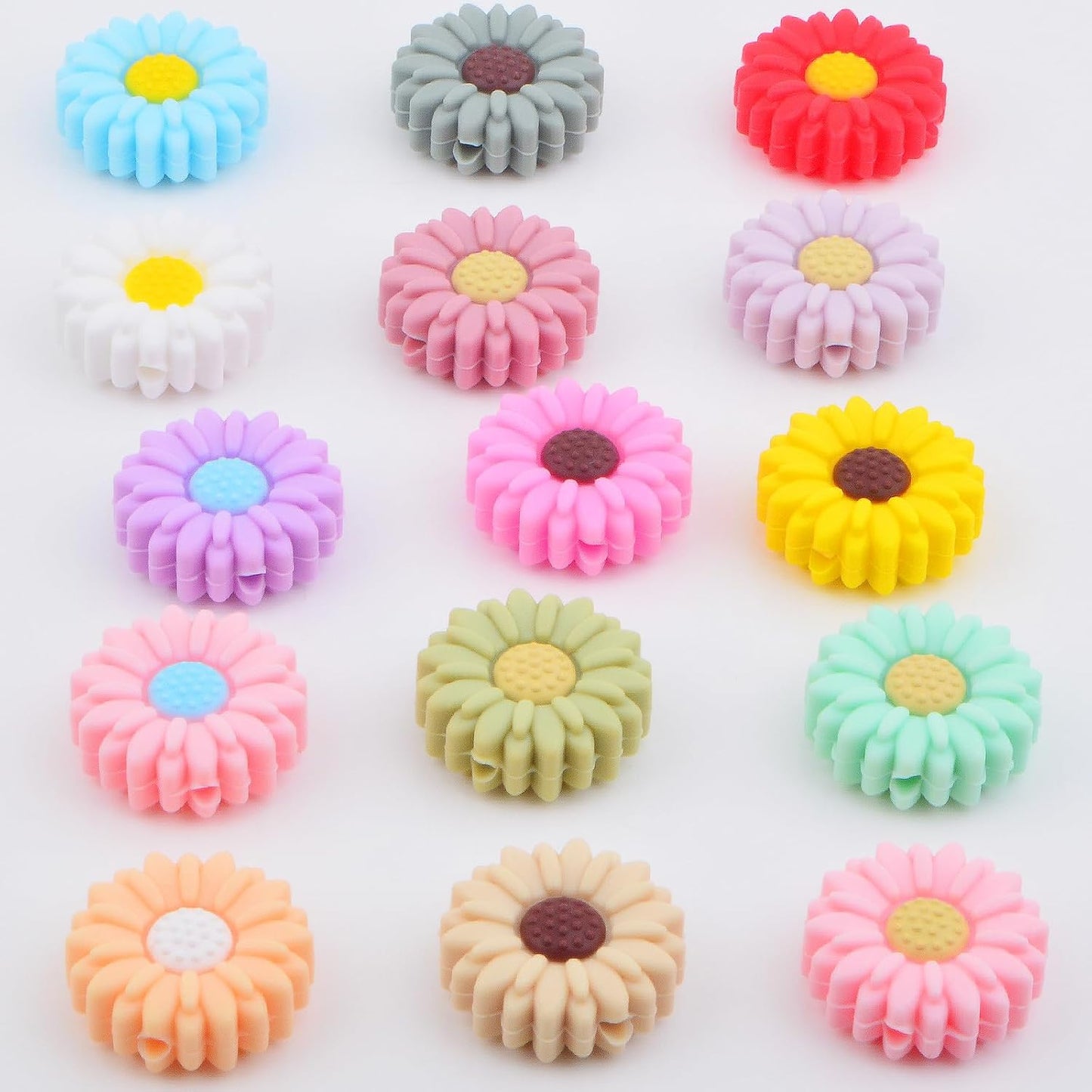 15pcs Daisy Flower Silicone Beads Colorful Soft Silicone Sunflower Spacer Beads Flower Shape Loose Beads Craft Accessories for DIY Necklace Bracelet Keychains Jewelry Making