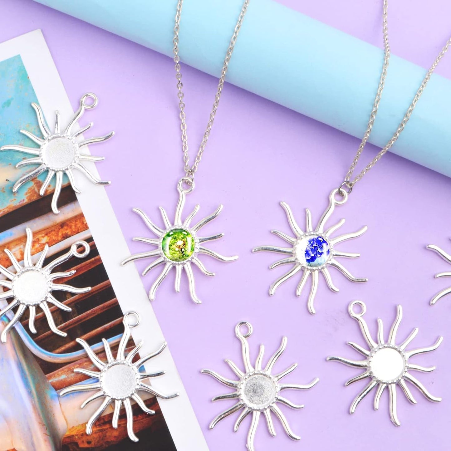 20pcs 12 mm Sun Blank Round Pendant Trays Tibetan Alloy Sun Flower Flat Round Cameo Base Bezel Tray Charms for DIY Necklace Earrings Jewelry Making Findings, Bright Silver