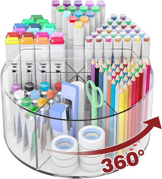 HENDEVL 250pcs Acrylic Pencil Holder Marker Organizer, 360-Degree Rotating Pen Holder, Crayon Organizers for Kids Pencil Organizer Caddy Art Supply Lazy Susan Organizer for Desk Home School Office