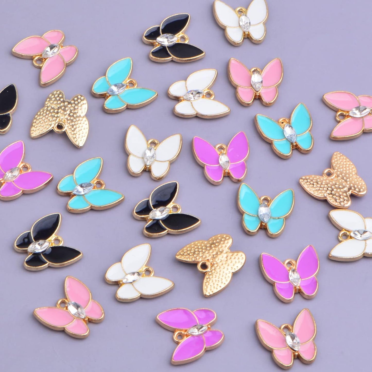 25 Pieces KC Golden Plated Enamel Butterfly Charms Cute Alloy Rhinestone Butterfly Shape Dangle Pendants for DIY Necklace Earrings Jewelry Crafts Making, 5 Colors