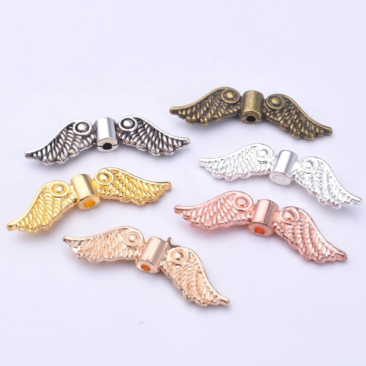 60pcs Tibetan Style Angel Wing Spacer Beads Alloy Small Hole Wing Loose Spacer Charm Beads Accessories for DIY Bracelet Necklace Earrings Jewelry Making, Bright Silver