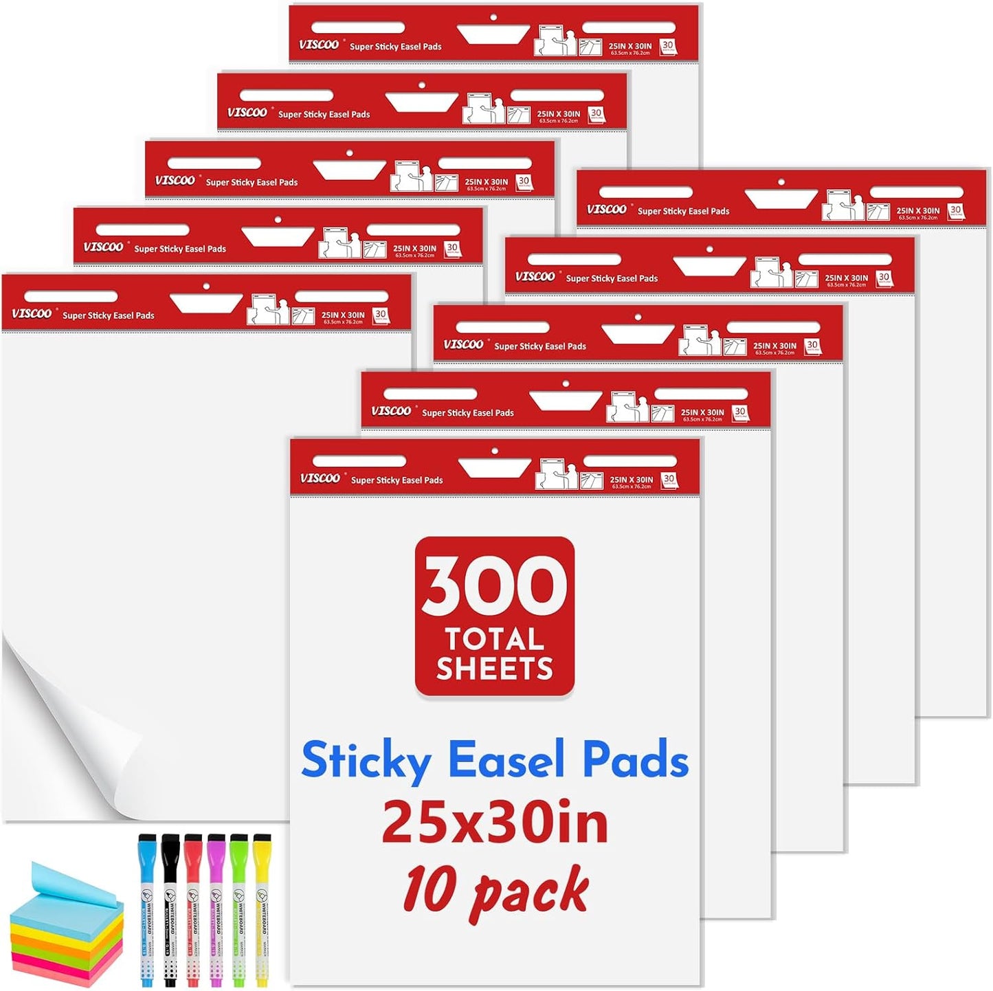 Aylifu Thickened Sticky Easel Pad, 25 x 30 Inches Large Chart Paper for Teachers,Self Stick Paper for White Board, Anchor Chart Paper, with Sticky Note, 300 Sheets/10 Pads