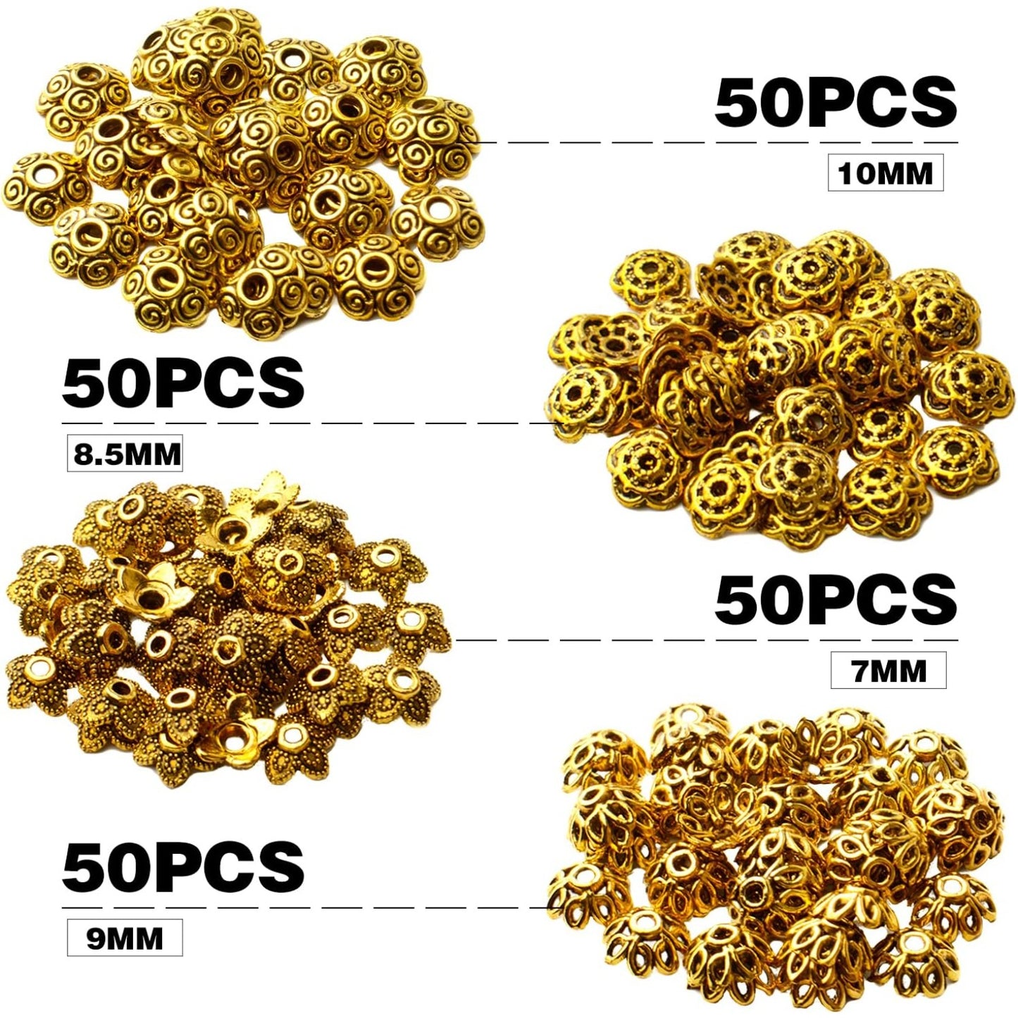 200pcs Antique Gold Spacer Beads Caps Flower Bead Caps Alloy Flower Cap Bead End Caps Loose Beads for DIY Bracelet Earring Necklace Jewelry Crafts Making Accessories