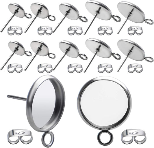 Earring Posts with Loop,50pcs Stainless Steel Bezel Earring Studs Earring Posts Cabochon Settings with Loops and 50pcs Earring Backs,6/8/10/12/14mm