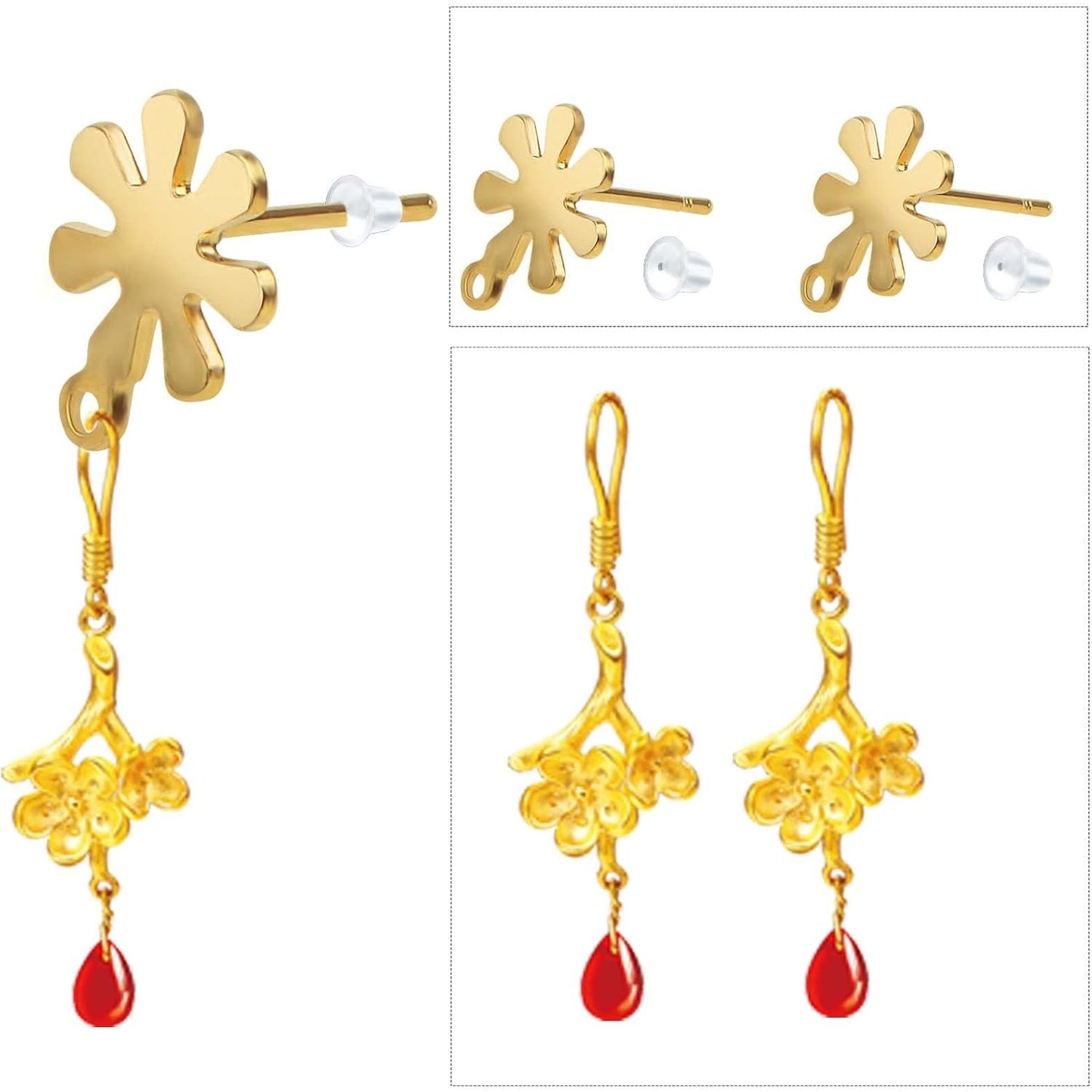 20pcs Stainless Steel Snowflake Earring Posts with Loops Hypoallergenic Stud Earrings with 20pcs Clear Earring Safety Backs for DIY Jewelry Making Findings, 2 Colors