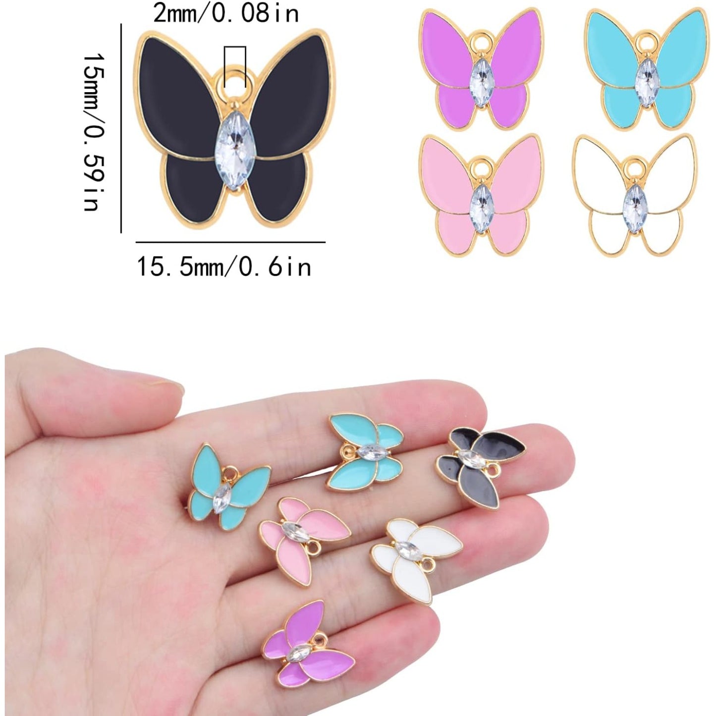 25 Pieces KC Golden Plated Enamel Butterfly Charms Cute Alloy Rhinestone Butterfly Shape Dangle Pendants for DIY Necklace Earrings Jewelry Crafts Making, 5 Colors