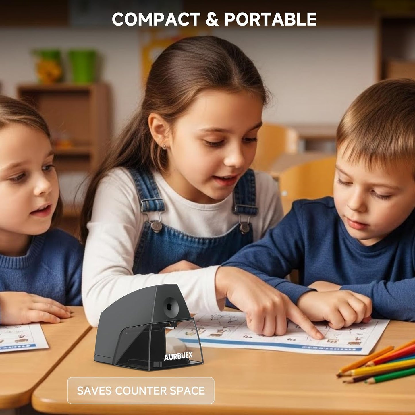 Aylifu Electric Pencil Sharpener for 6 to 8 mm Pencils Helical Blade Fast 4 Second Sharpening Large Shavings Bin Non Slip Feet Safe Design for Classroom Office and Home(S1131)