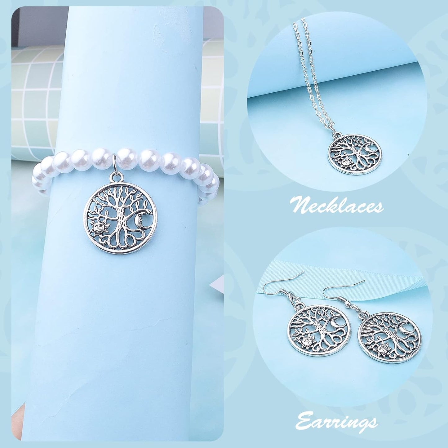 30pcs Antique Silver Tree of Life Charms Pendants with Sun Moon Tibetan Alloy Hollow Round Tree Vintage Charms Jewelry Making Accessory for DIY Necklaces Bracelets