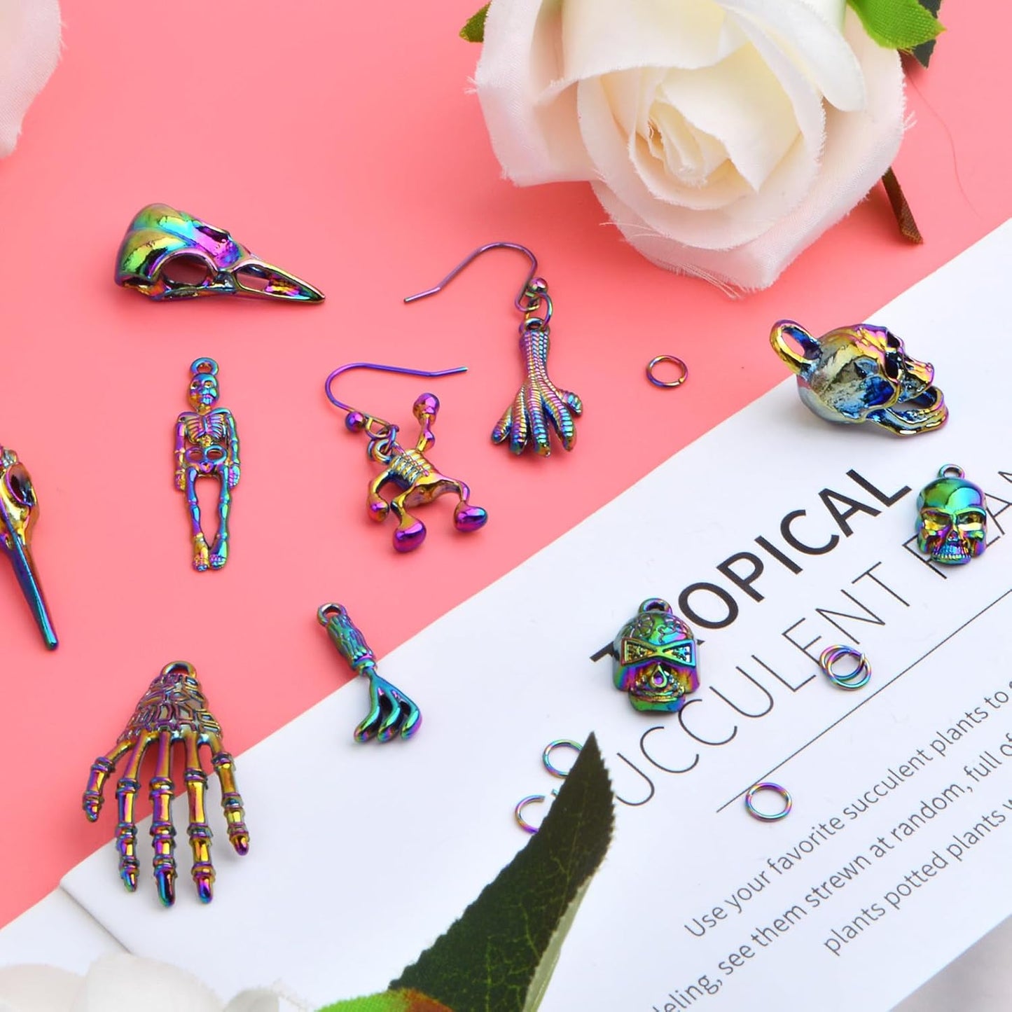 10pcs 10 Styles Rainbow Color Skull Head Charms Collection Alloy Halloween Skeleton Bone Pendants and 10pcs Open Jump Rings for DIY Bracelet Keychains Crafts Jewelry Making