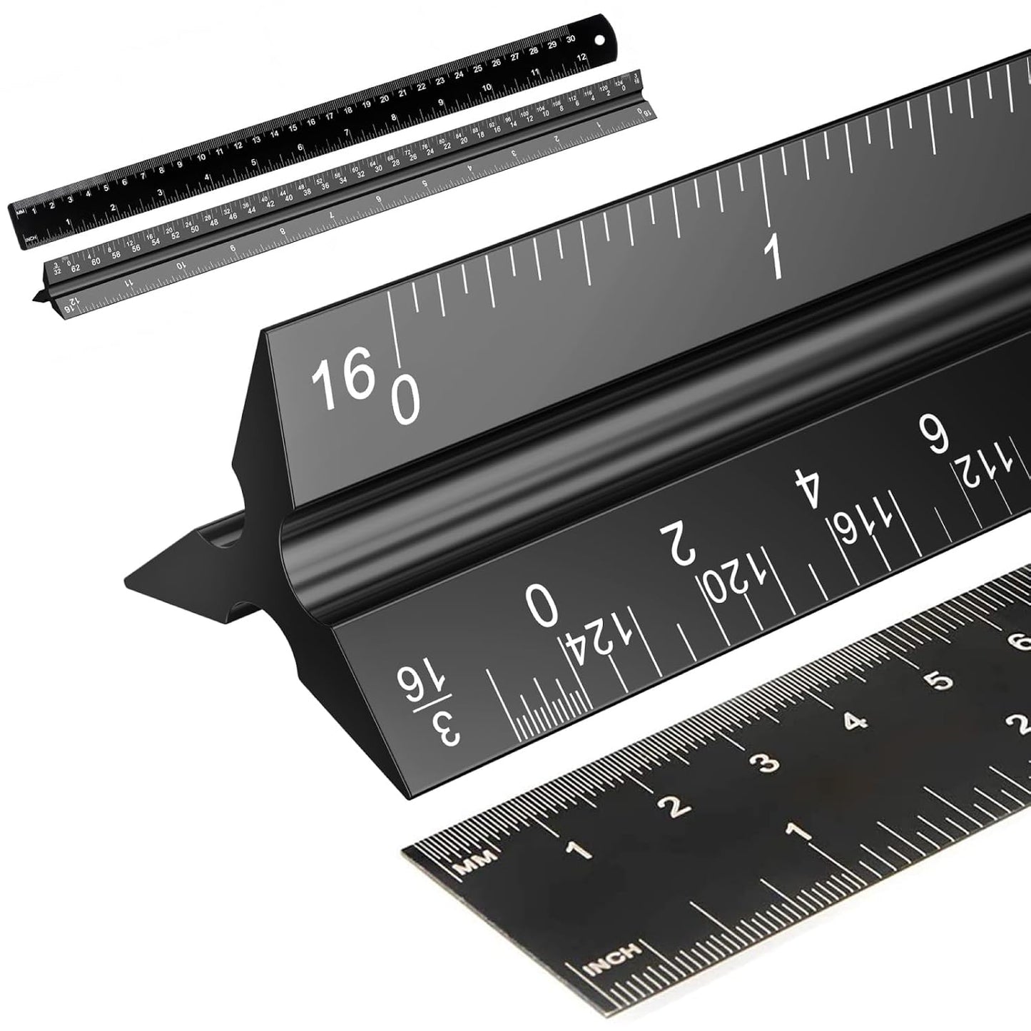 Aylifu 2Pcs Architectural Scale Ruler, Triangular Scale & Straight Ruler, 12 Inch Aluminum Drafting Ruler Set, Laser Etched, Smooth Non-Sharp Edges, Lightweight, Inch MM Conversion for Architectur