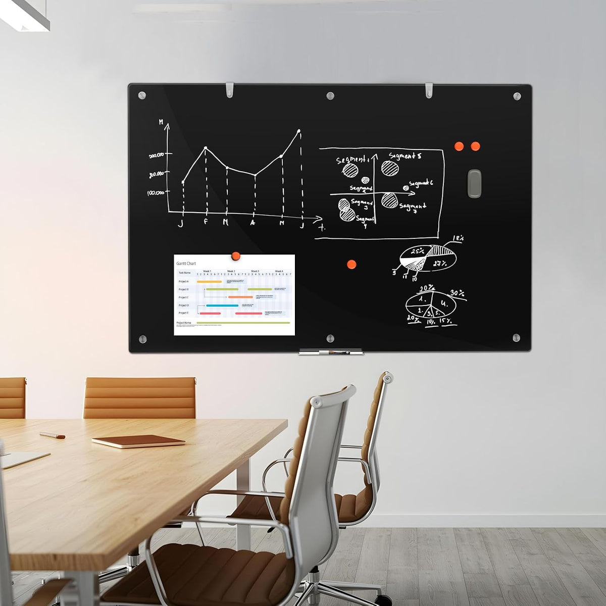 HENDEVL Large Black Glass Dry Erase Board, 72 x 48 Inches Magnetic Glass whiteboard,6' x 4' Frameless Blackboard for Office,Home,School