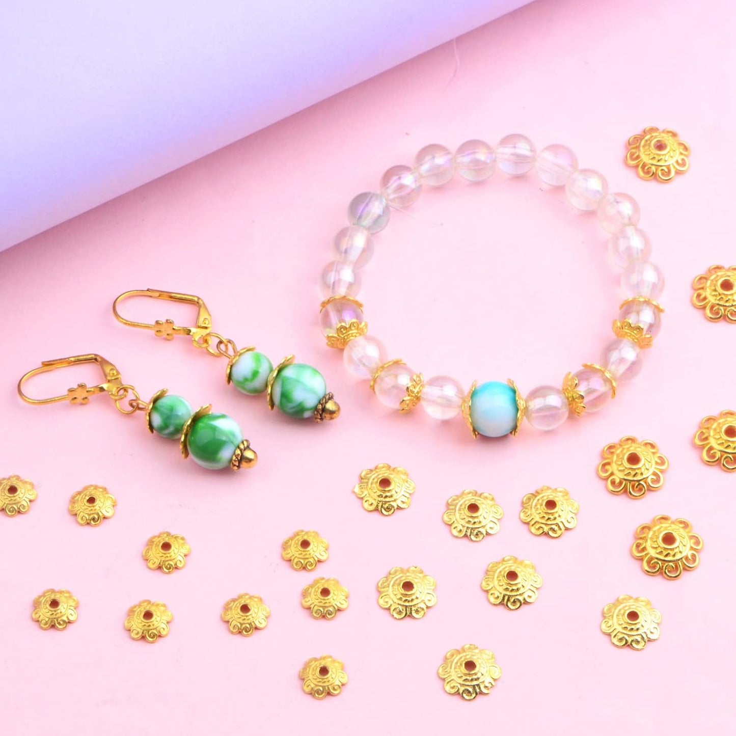 200pcs 8mm/10mm/12mm Tibetan Bead Caps Vintage Alloy Flower Bead End Caps Loose Spacer Beads Accessories for DIY Crafts Bracelet Necklace Jewelry Making, Bright Golden
