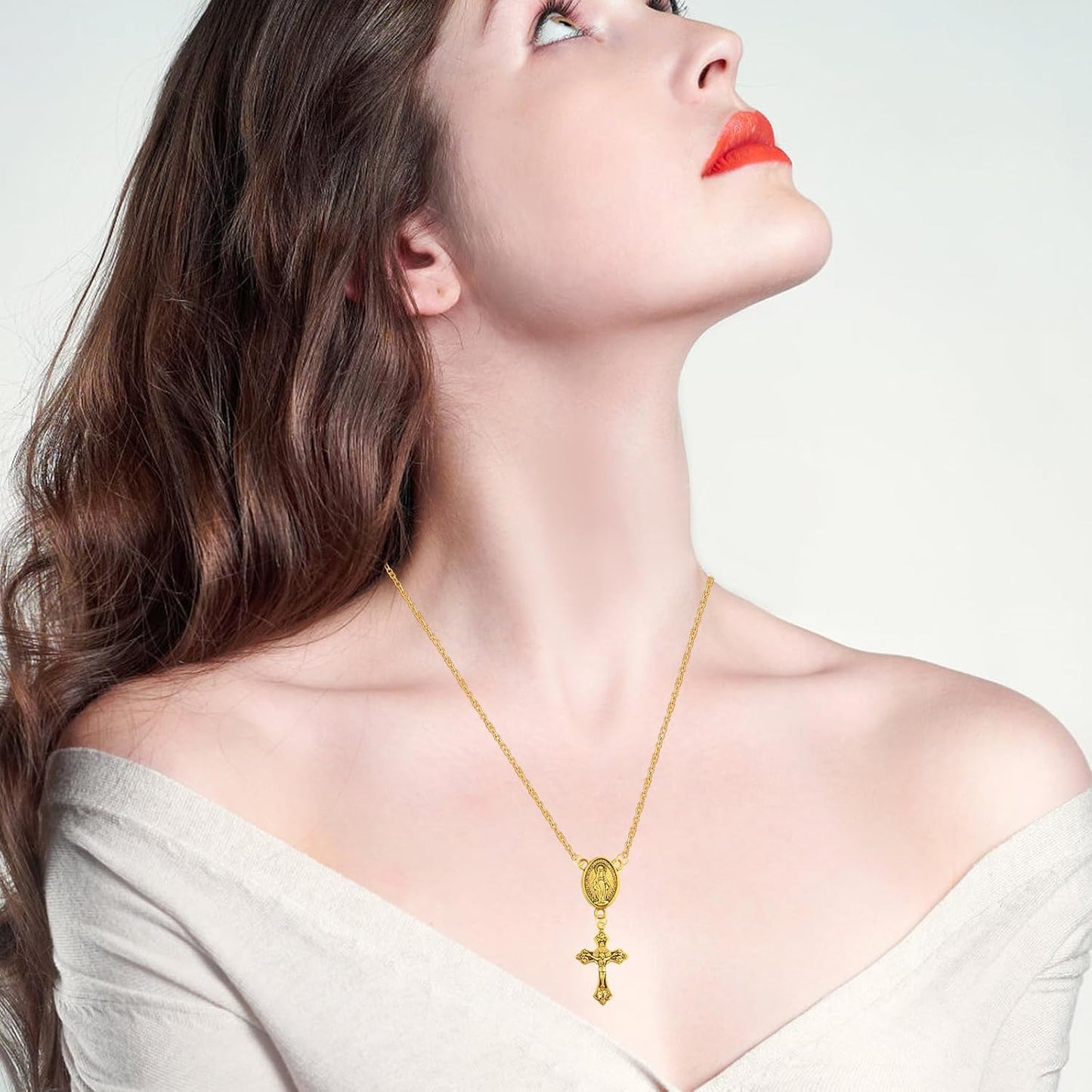 10pcs Antique Golden Jesus Cross Charms, 10pcs Virgin Mary Pendant Links, 30pcs Cinnabar Red Rose Beads and 500pcs White Pearls Kit for DIY Rosary Necklace Crafts Jewelry Making