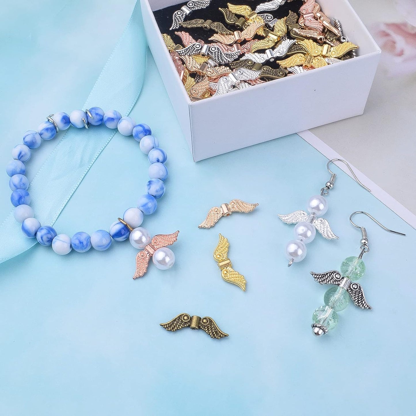 60pcs Tibetan Style Angel Wing Spacer Beads Alloy Small Hole Wing Loose Spacer Charm Beads Accessories for DIY Bracelet Necklace Earrings Jewelry Making, Bright Silver
