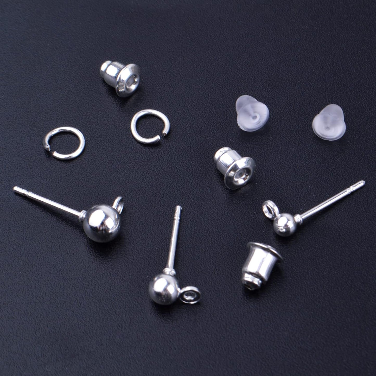 Earring Making Kit,150pcs Ball Post Earring Studs with 150pcs Metal Earring Backs,200pcs Clear Bullet Earring Backs and 200pcs Open Jump Rings,Round Ball Ear Pin with Loop for DIY Earrings Supplies