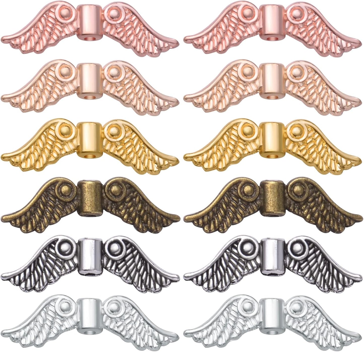 60pcs Tibetan Style Angel Wing Spacer Beads Alloy Small Hole Wing Loose Spacer Charm Beads Accessories for DIY Bracelet Necklace Earrings Jewelry Making, Bright Silver