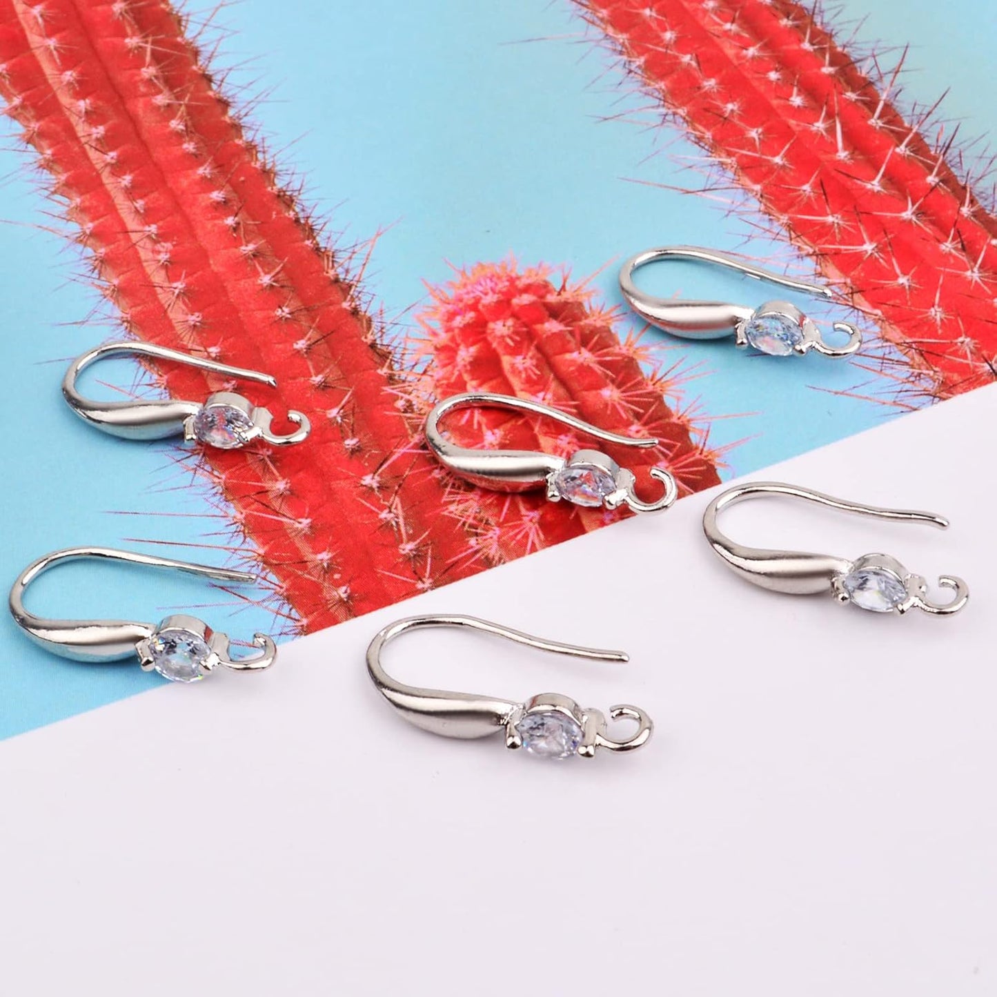 12pcs Silver Plated Rhinestone Earring Hooks Brass Ear Wire Fish Hooks with Open Loop Round Rhinestone Earring Components for Women DIY Earrings Jewelry Making