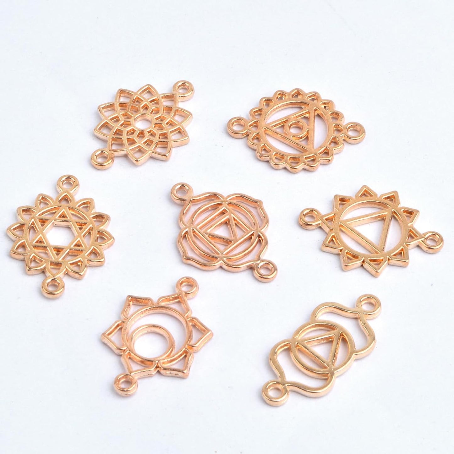 70pcs KC Golden Chakra Energy Charms Connectors Alloy Yoga Inspirational Hollow Flower Chakra Pendants Links for DIY Bracelet Necklace Jewelry Making Supplies, 7 Styles