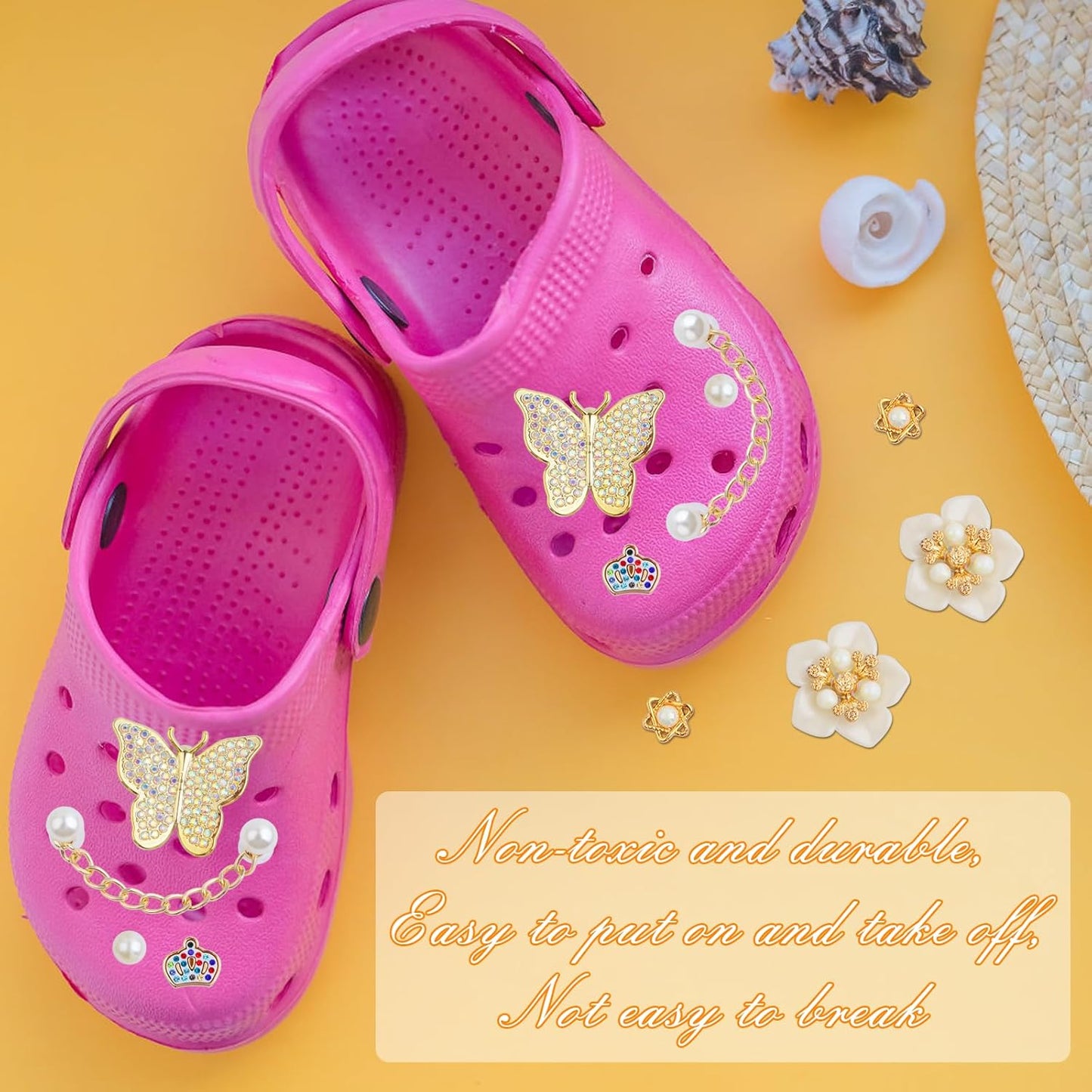 1 Pack of Mixed Bling Shoe Charms Pearl Chain Buckle Flower Butterfly Ornaments and 1 Pair of Pearls Shoe Chains, Clog Slippers Shoes Decorations for Women Party Birthday Gifts